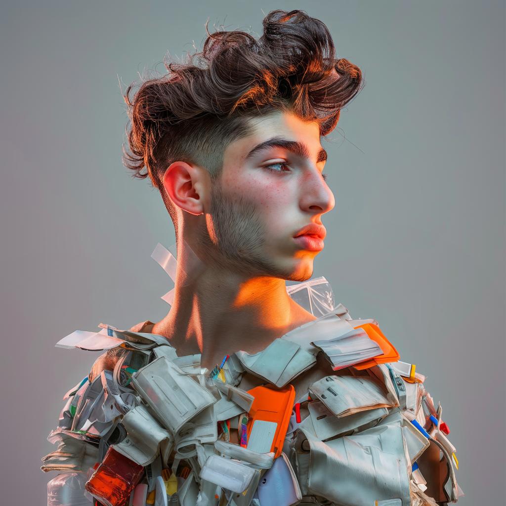 A photorealistic portrait of an attractive man with stylish hair, wearing made from plastic waste and solar panels, in front of grey background. The colors should be bright and vibrant, emphasizing the contrast between his natural features and futuristic attire. Focus on capturing intricate details like texture or patterns on pieces crafted using recycled materials.