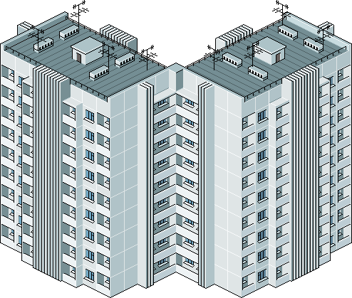isometric pixel art illustration of a post-soviet residential apartment block featuring repetitive balconies, flat roof, and grey facade tones typical of eastern european urban architecture
