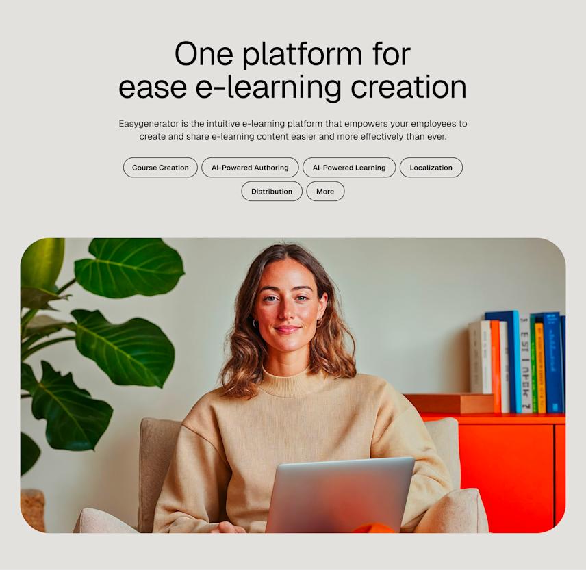 Page header introducing key Easygenerator features through interactive switches and focused messaging
