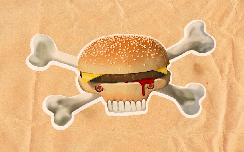 illustration of a hamburger designed as a skull with bones, featuring a dripping red detail and rendered on a textured paper background to resemble a vintage warning emblem