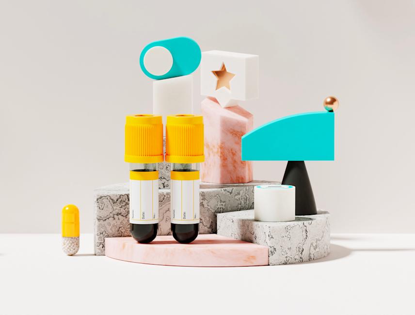 visual for the ornament health app featuring a composition of abstract geometric shapes symbolizing balance, knowledge, and curiosity connected to the data hidden in blood test results