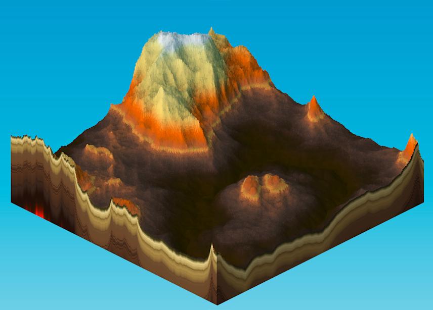image generated using the landcraft program, depicting an isometric 3d terrain with a large central mountain featuring snow-capped peaks, surrounded by rocky valleys and stratified ground layers