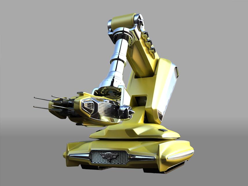 anti-utopian futuristic vehicle concept created for the mtv rma.05 website, featuring a sleek golden robotic design with chrome details and mechanical arm elements