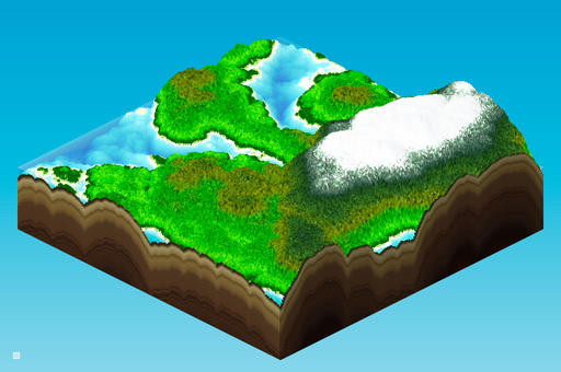 image generated using the landcraft program, showing a stylized 3d terrain with forests, rivers, and snow-covered mountains in an isometric view