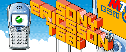 isometric pixel art web banner created for sony ericsson t68i in collaboration with mts mobile operator, featuring a 3d block text logo and a stylized depiction of the phone interface