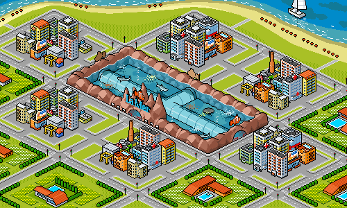 isometric pixel art illustration of a seaside city with a large central aquarium structure shaped like a rocky basin, surrounded by modern buildings, parks, and coastal scenery with a sailboat in the distance