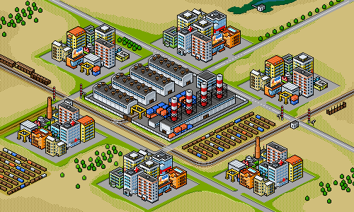 isometric pixel art of industrial area of pixelcity game