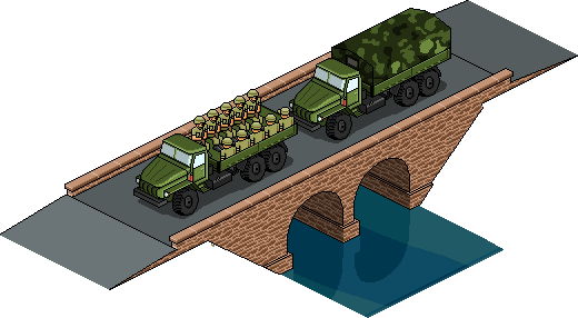 isometric pixel art illustration of two military trucks crossing a brick bridge over a river, featuring stylized soldiers and camouflage textures