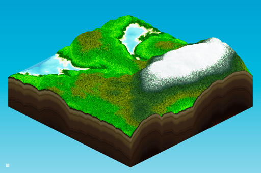 image generated using the landcraft program, showing a stylized 3d terrain with forests, rivers, and snow-covered mountains in an isometric view
