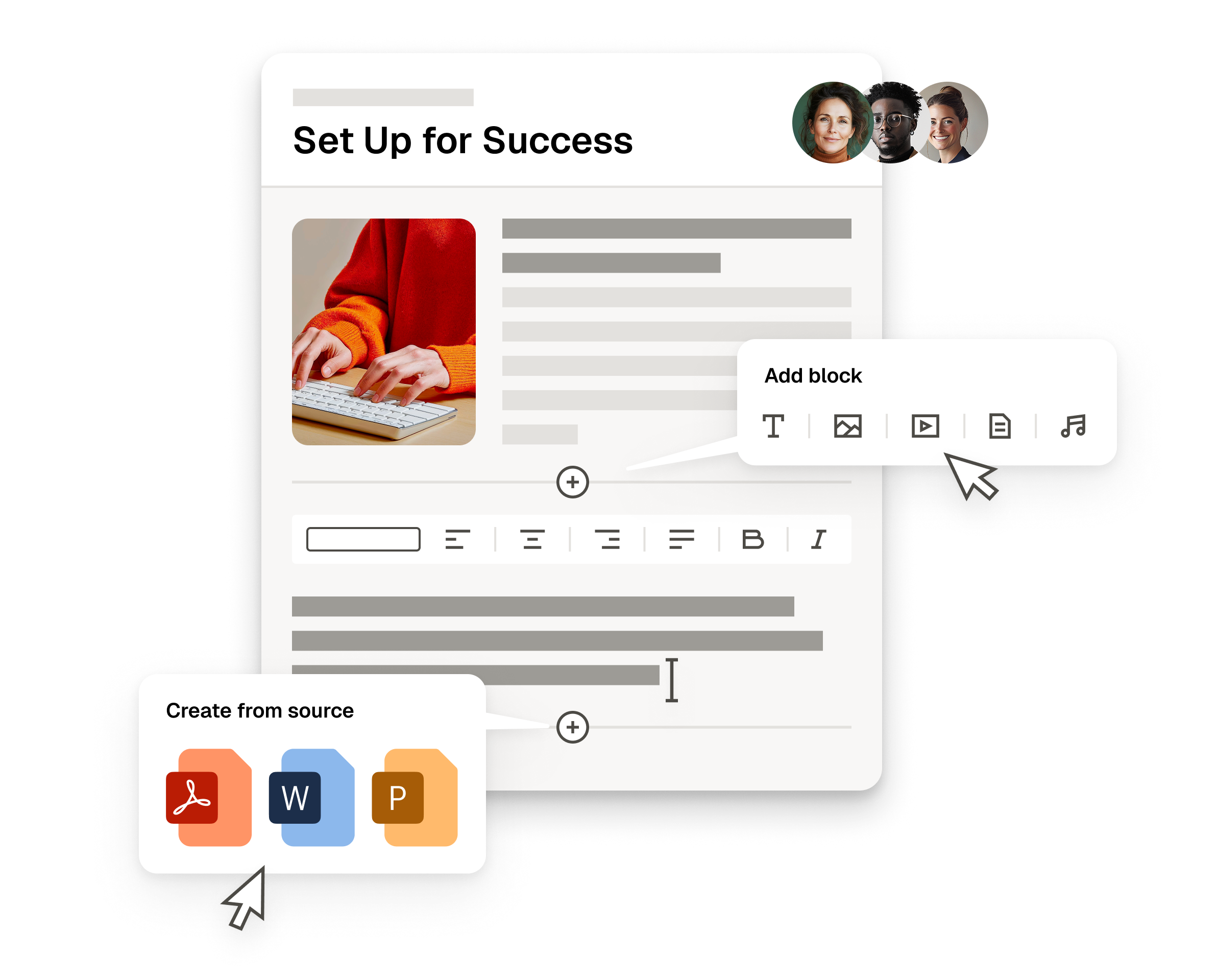 Composed and simplified UI representation illustrating collaborative multi-user course editing