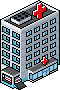 isometric pixel art illustration of a hospital building with red cross symbols and a main entrance canopy for pixelcity game
