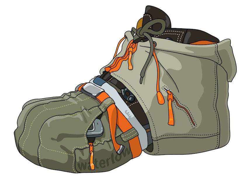 illustration for waterlow — depicting a galosh redesigned as a modern outdoor gear piece with technical fabrics, drawstrings, and pockets, blending utilitarian style with playful visual storytelling