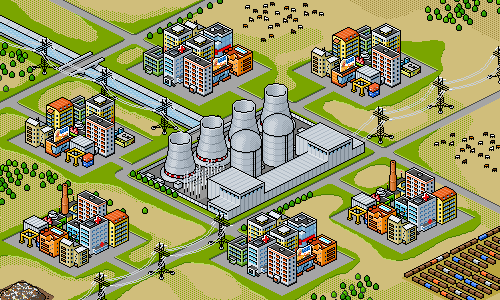 isometric pixel art of industrial area of pixelcity game