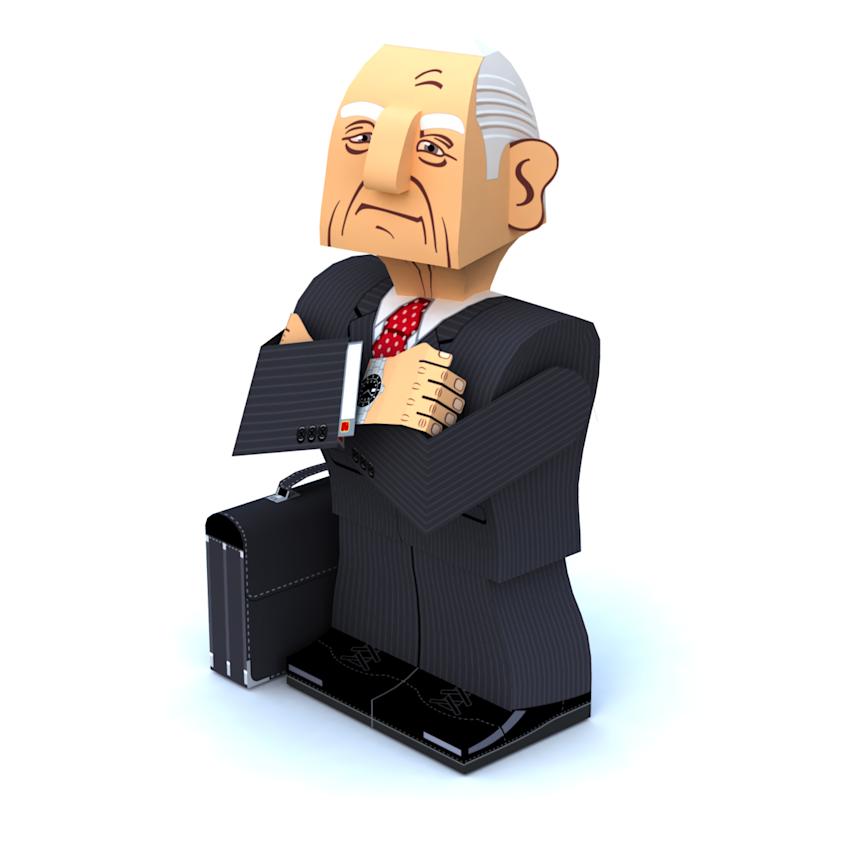 3d visualization of a paper figurine representing an investment manager character from the money basket game