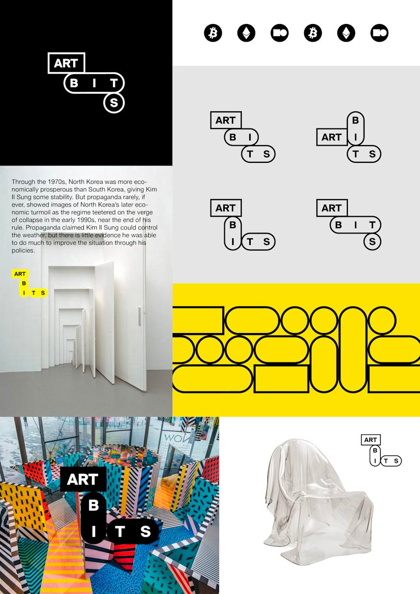 logo concept for artbits art project with a moodboard showing usage examples