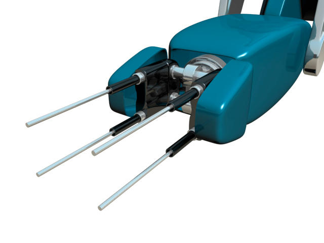 close-up render of a futuristic robotic vehicle component designed for the mtv rma.05 project, showing metallic prongs and mechanical details in a sleek blue housing