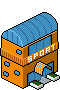 isometric pixel art illustration of a sports complex building with a blue curved roof and orange facade, featuring a sign that reads sport above the entrance for pixelcity game