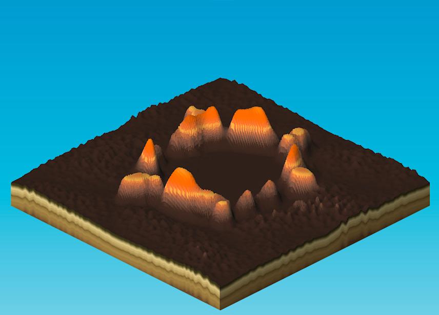 image generated using the landcraft program, showing an isometric 3d terrain with a circular crater-like formation surrounded by orange-brown rocky hills and layered ground structure