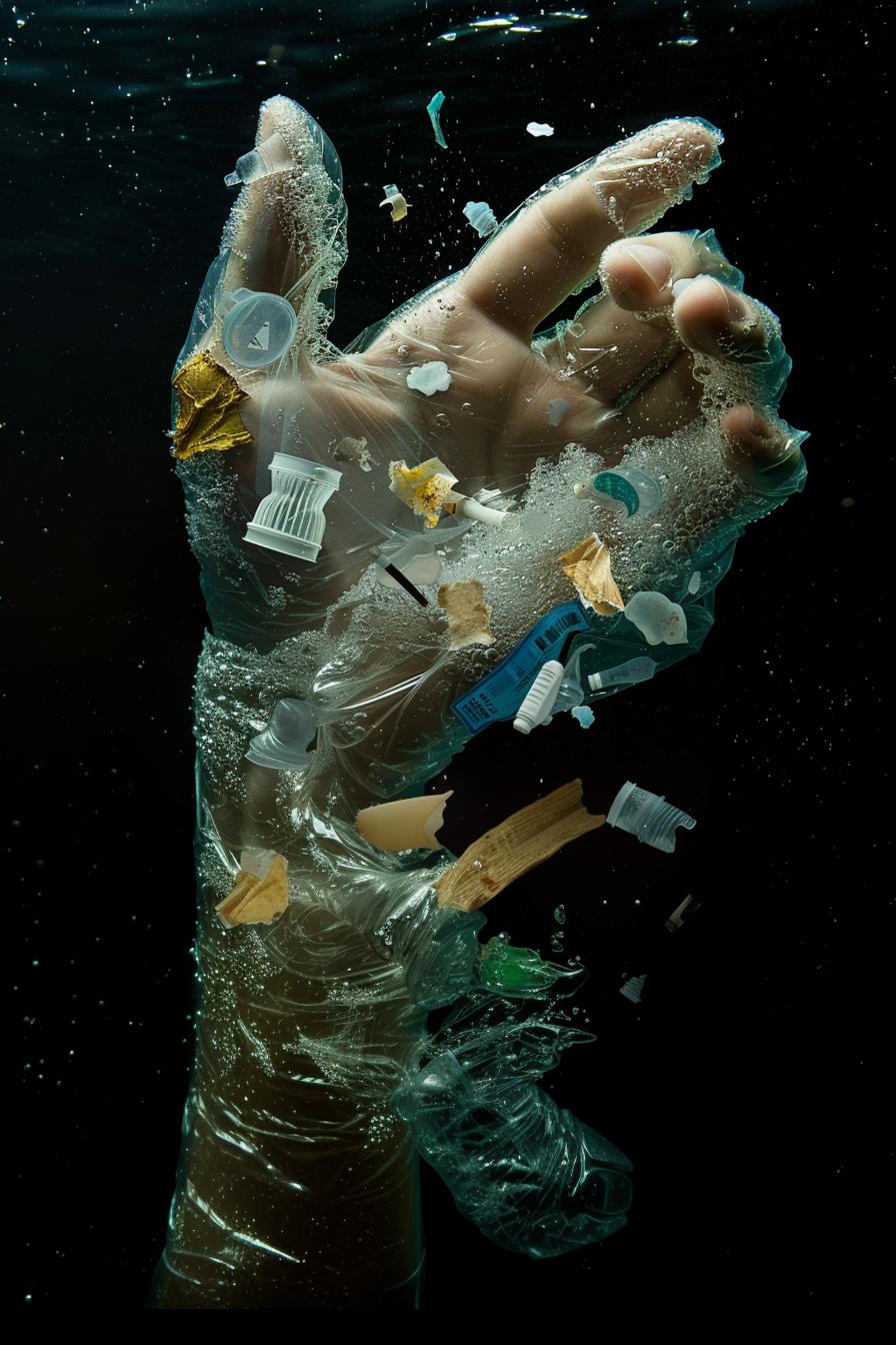 A human hand wrapped in plastic and floating underwater, with various trash items such as an energy bar or sticker stuck on the finger tips. The background is dark black.