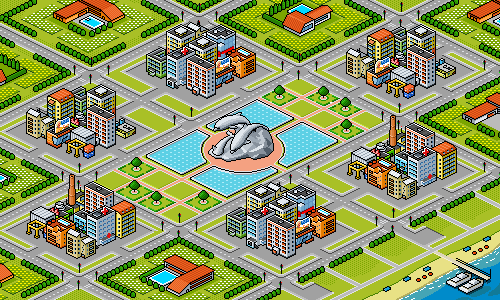 isometric pixel art illustration of a city center featuring modern buildings, parks, roads, and a large sculpture surrounded by water pools in the main square