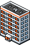 isometric pixel art illustration of a mid-rise residential apartment building with orange balconies and blue windows for pixelcity game
