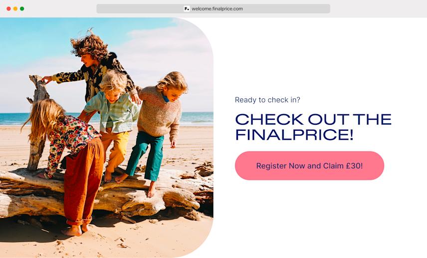 section of the finalprice landing page featuring an emotional image of a group of children exploring the seaside, symbolizing family vacation and joyful discovery