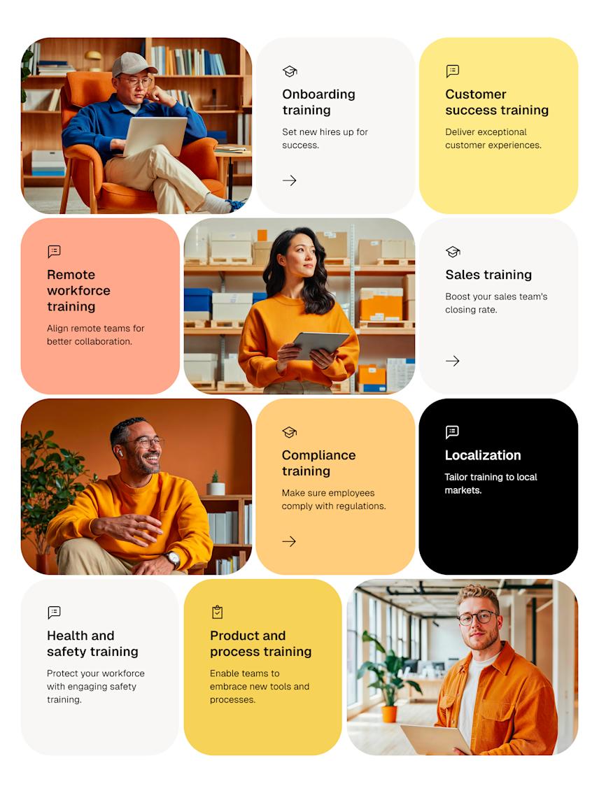 Navigation section introducing the main Easygenerator use cases and helping visitors explore different ways the platform is applied