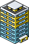 isometric pixel art illustration of a modern office building with blue glass windows and yellow accents for pixelcity game