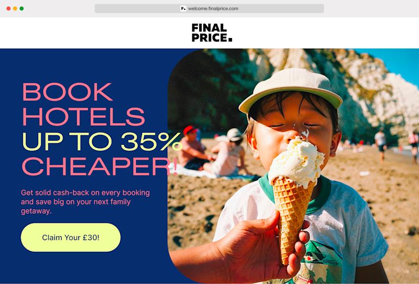 landing page cover for finalprice campaign offering discounts on travel and hotel accommodation, featuring an emotional photo of a boy eating ice cream on an english beach with white cliffs in the background, evoking a feeling of joy and relaxation