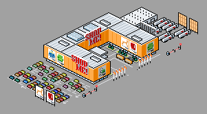 isometric pixel art illustration of a shopping mall building with colorful storefront signs, a parking lot filled with cars, and a bright orange shop banner for pixelcity game