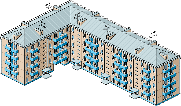 isometric pixel art illustration of a post-soviet residential apartment block