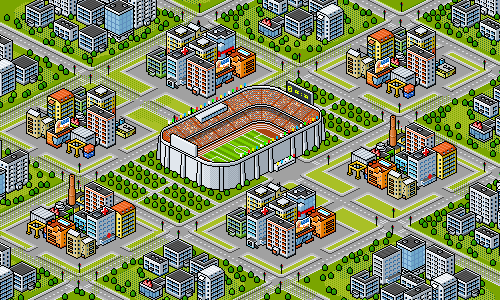 isometric pixel art illustration of a city district featuring a large central football stadium surrounded by mid-rise residential and industrial buildings, green parks, and a network of intersecting streets