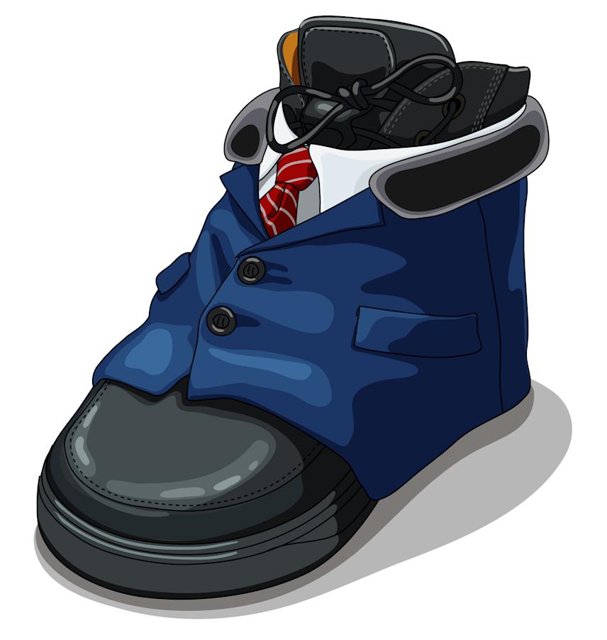 illustration for waterlow — showing a galosh styled as a formal blue business suit with a red tie, humorously merging elegance and practicality in a clever visual metaphor for the brand’s design philosophy