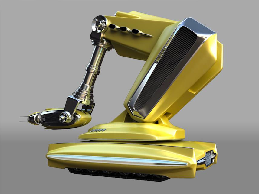 anti-utopian futuristic vehicle concept created for the mtv rma.05 website, featuring a sleek golden robotic design with chrome details and mechanical arm elements