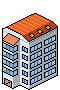 isometric pixel art illustration of a mid-rise residential or office building with blue windows and an orange roof, designed in a clean modern style for pixelcity game