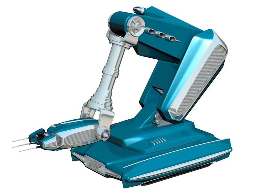 3d render of a futuristic robotic vehicle concept for the mtv rma.05 project, featuring a streamlined blue metallic body with articulated arm elements and chrome detailing