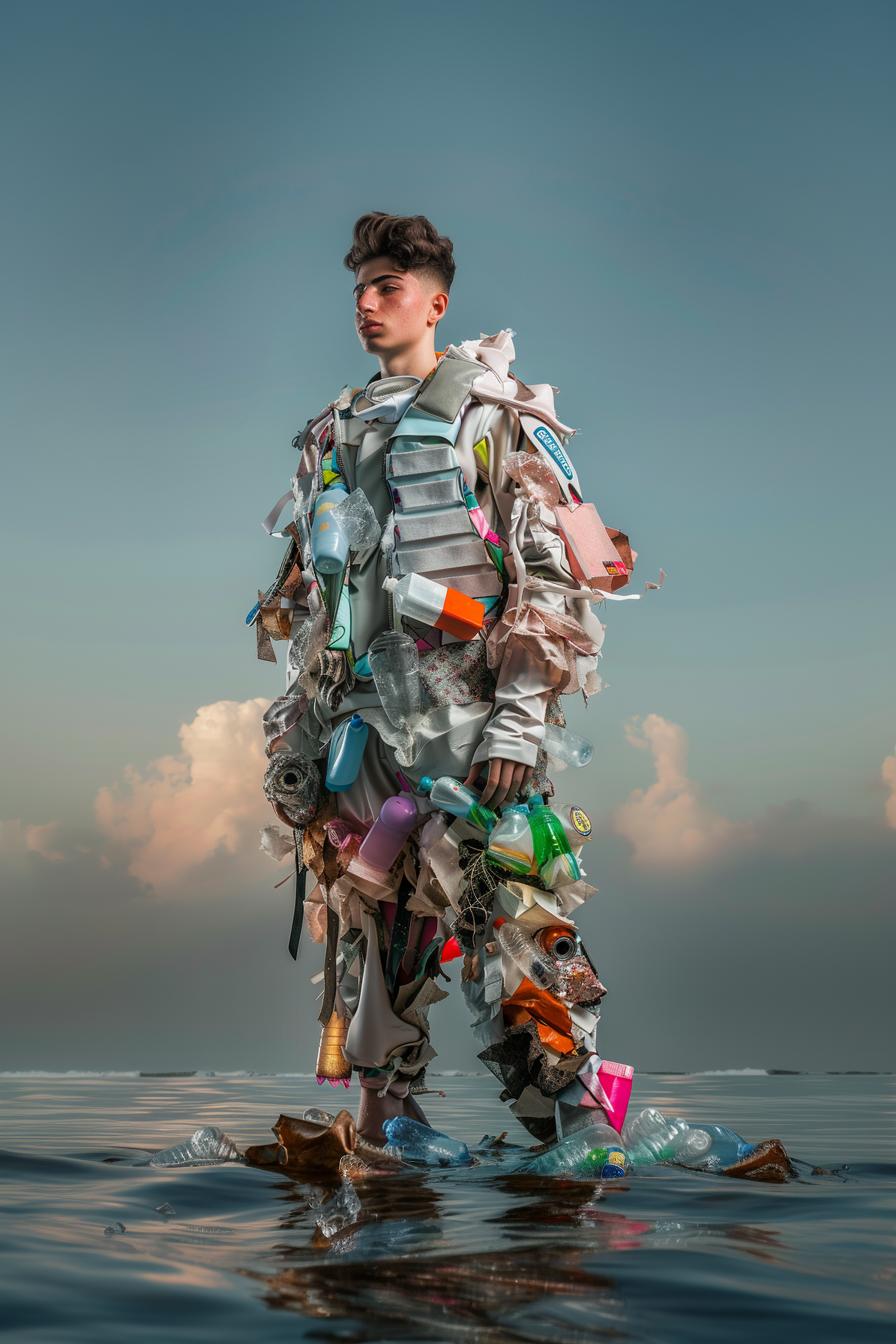 A young man wearing made of plastic waste stands on the sea, with his body covered in garbage and sky background. He is photographed in the style of photographer Chen Man. The design features exaggerated tailoring and fashion elements from various pop culture finest aesthetic styles. It was shot using Canon EOS R5 cameras, with wideangle lenses that capture fullbody portraits of handsome men, creating a cinematic feel with soft lighting and high contrast. High resolution.
