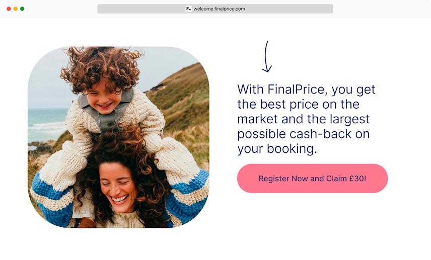 section of the finalprice landing page featuring an emotional image of a child on their mother’s shoulders, conveying joy, family bonding, and the carefree spirit of travel