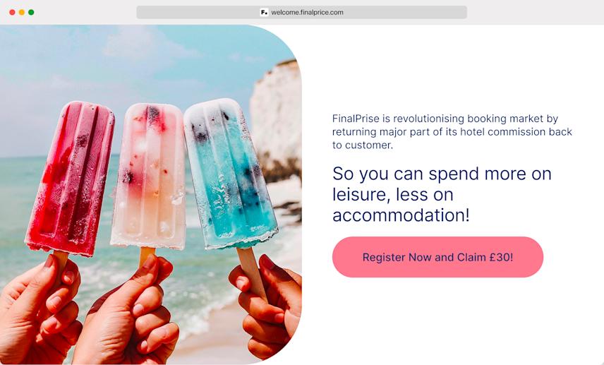 section of the finalprice landing page showing three hands holding colorful ice pops with the sea and white cliffs in the background, evoking warm feelings and thoughts of vacation in england