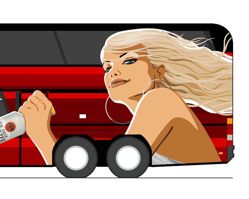 vector illustration concept for a bacardi promotional bus featuring a stylized blonde woman with flowing hair holding a bacardi breezer bottle, integrated into the vehicle’s design for an eye-catching advertisement