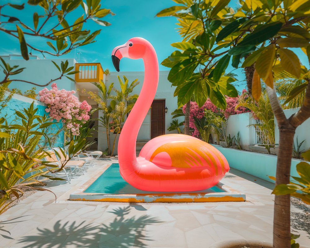 Giant inflatable flamingo in the backyard pool