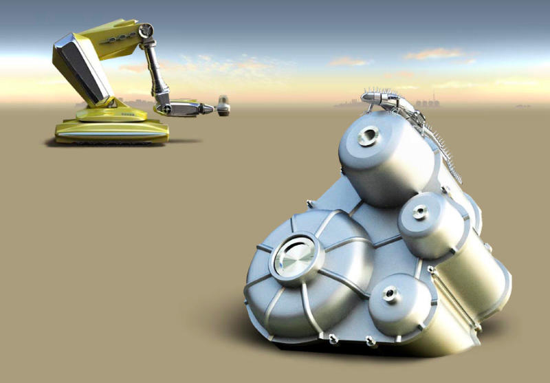 screenshot of welcome animation for the mtv rma.05 project showing futuristic robotic vehicles in a desert-like environment under a hazy sky, combining sci-fi and industrial aesthetics