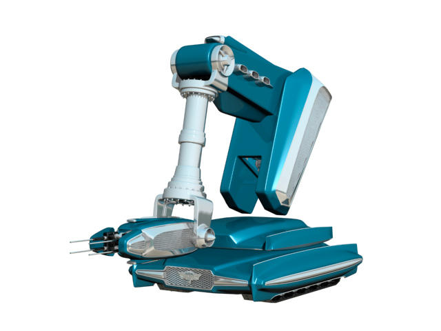 3d render of a futuristic robotic vehicle concept for the mtv rma.05 project, featuring a streamlined blue metallic body with articulated arm elements and chrome detailing