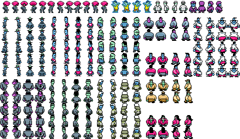 sprite sheet of characters from the dan & max game created for nokia, featuring retro pixel graphics and a variety of colorful animated poses