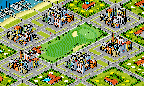isometric pixel art depiction of the wealthy district from the pixelcity game