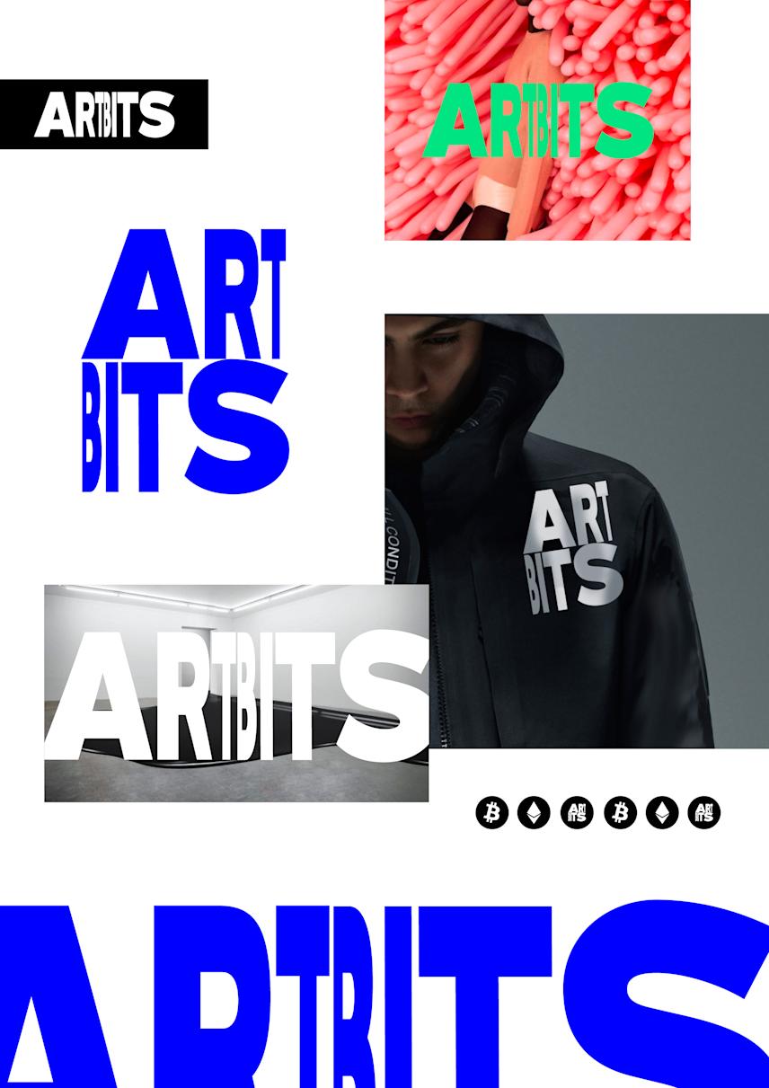 logo concept for artbits art project with a moodboard showing usage examples
