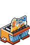isometric pixel art illustration of a small building with a rooftop billboard featuring an advertisement showing a person holding a product, likely representing a grocery or retail store in a city simulation game