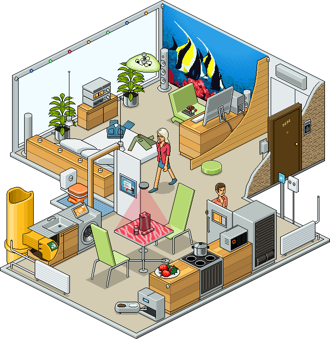 isometric pixel art illustration of a futuristic smart home interior created for afisha magazine, depicting automated appliances, smart kitchen devices, digital assistants, and interactive living systems in a cozy modern apartment