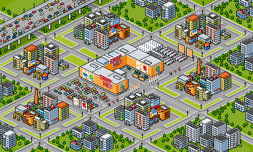 isometric pixel art illustration of a bustling city district with a large shopping mall labeled shop me!, surrounded by parking lots, warehouses, residential and industrial buildings, and an elevated highway in the background
