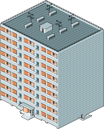 isometric pixel art illustration of a post-soviet residential apartment block featuring repetitive balconies, flat roof, and grey facade tones typical of eastern european urban architecture